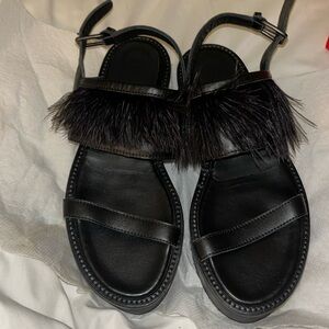 Leather adjustable platform sandals with fur strap across front
